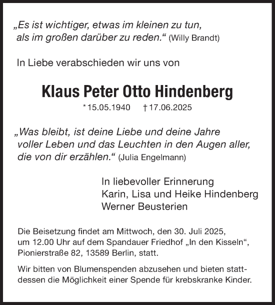 Traueranzeige von Klaus Peter Otto Hindenberg 