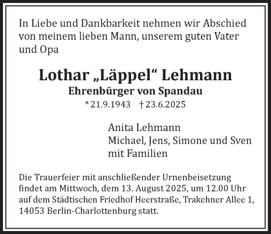 Traueranzeige von Lothar Lehmann 