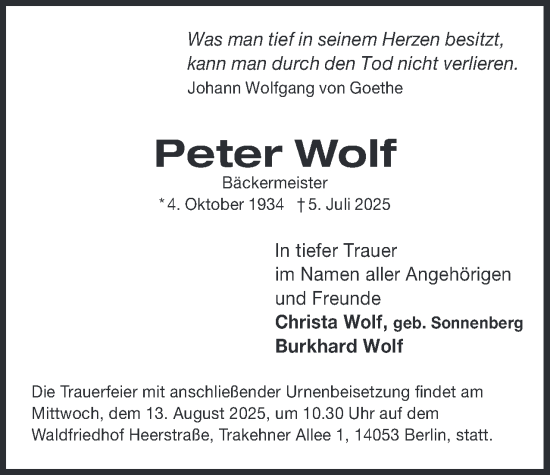 Traueranzeige von Peter Wolf 
