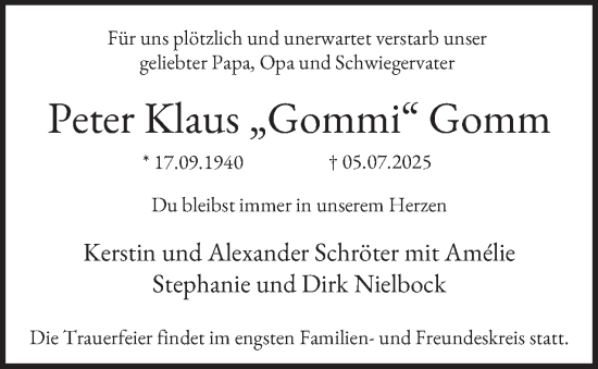 Traueranzeige von Peter Klaus Gomm 