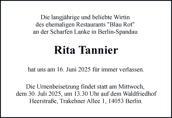 Traueranzeige von Rita Tannier von Berliner Morgenpost