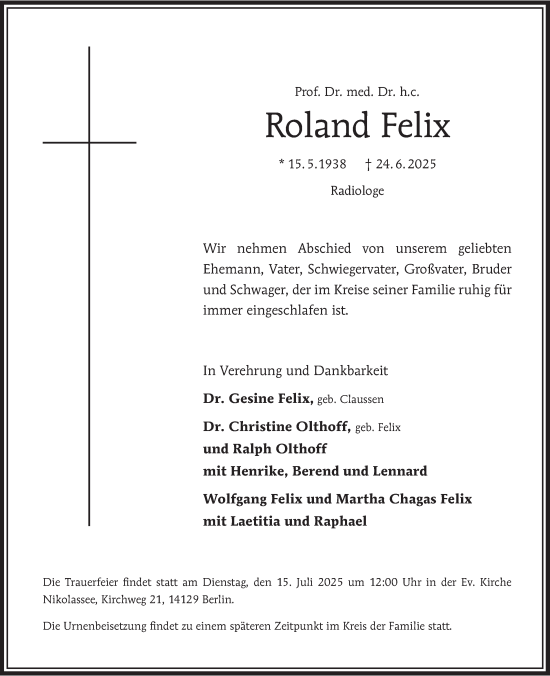 Traueranzeige von Roland Felix von Berliner Morgenpost