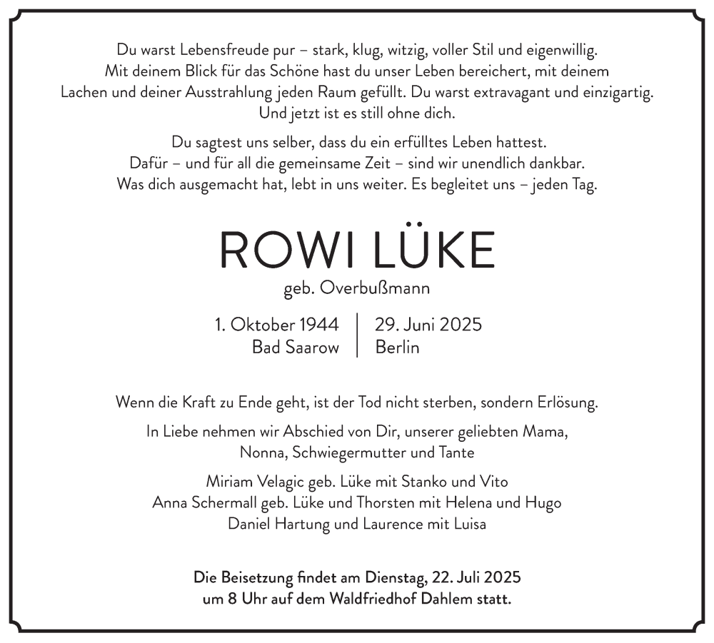  Traueranzeige für Rowi Lüke vom 12.07.2025 aus Berliner Morgenpost