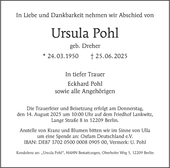 Traueranzeige von Ursula Pohl von Berliner Morgenpost