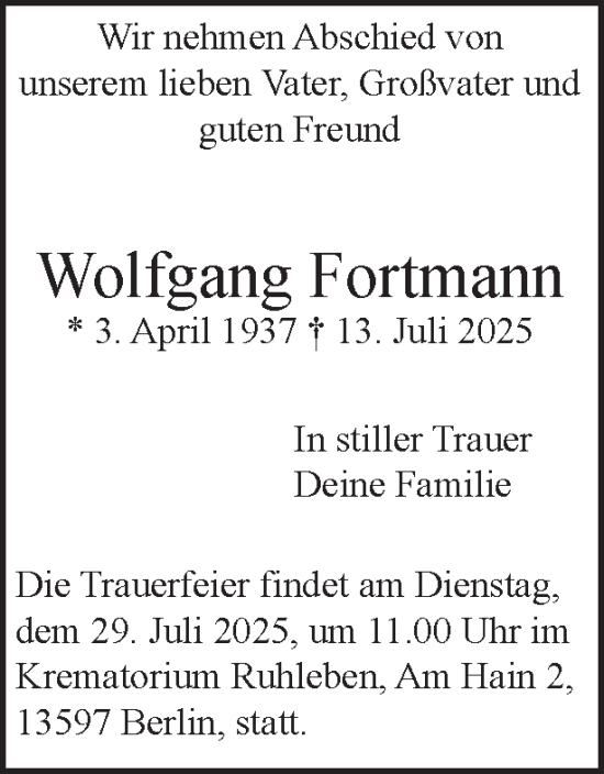 Traueranzeige von Wolfgang Fortmann 