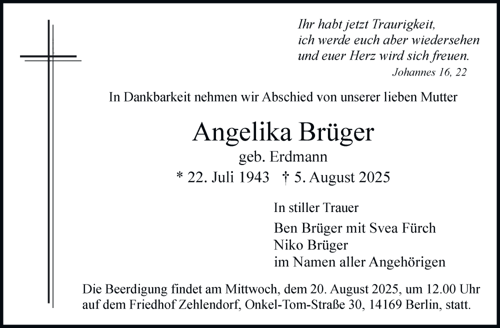  Traueranzeige für Angelika Brüger vom 16.08.2025 aus Berliner Morgenpost