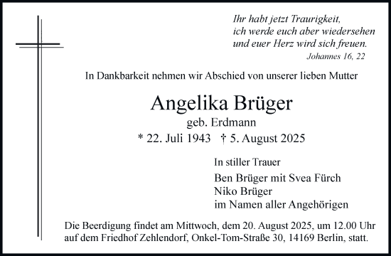 Traueranzeige von Angelika Brüger von Berliner Morgenpost