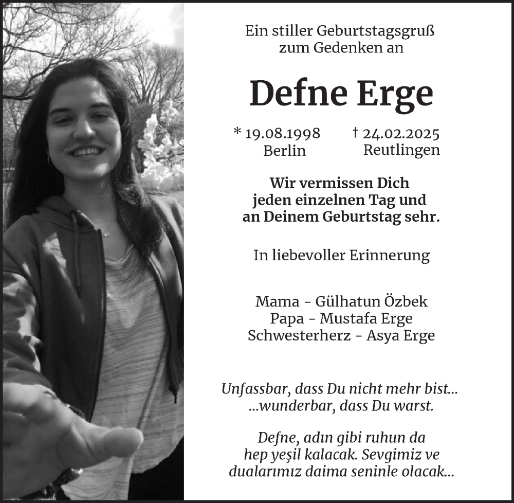  Traueranzeige für Defne Erge vom 19.08.2025 aus Berliner Morgenpost
