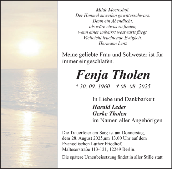 Traueranzeige von Fenja Tholen von Berliner Morgenpost