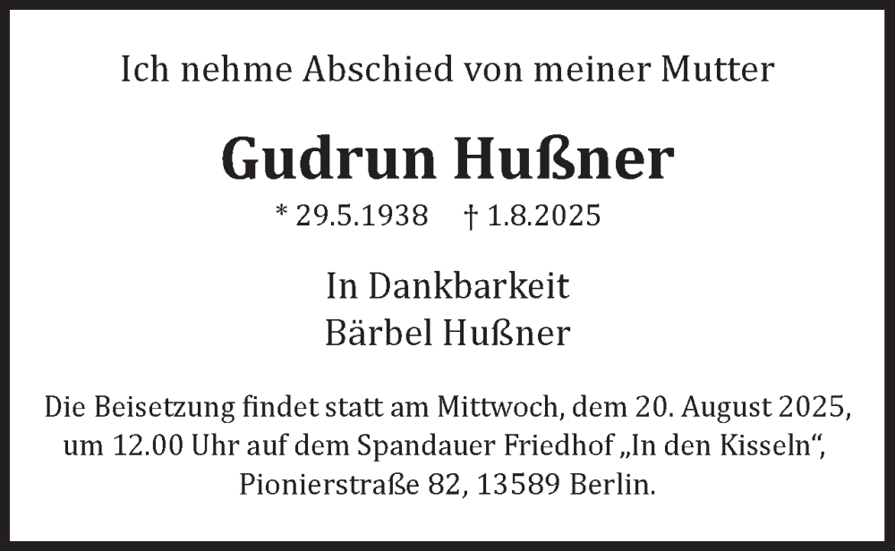  Traueranzeige für Gudrun Hußner vom 16.08.2025 aus 