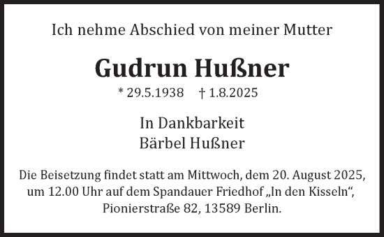 Traueranzeige von Gudrun Hußner 