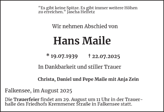 Traueranzeige von Hans Maile von Berliner Morgenpost