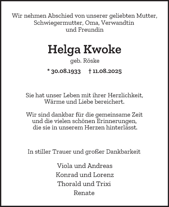 Traueranzeige von Helga Kwoke von Berliner Morgenpost