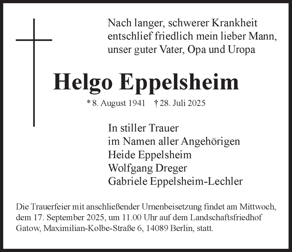  Traueranzeige für Helgo Eppelsheim vom 23.08.2025 aus 