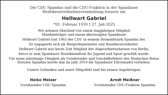 Traueranzeige von Hellwart Gabriel 