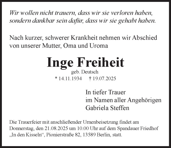 Traueranzeige von Inge Freiheit 