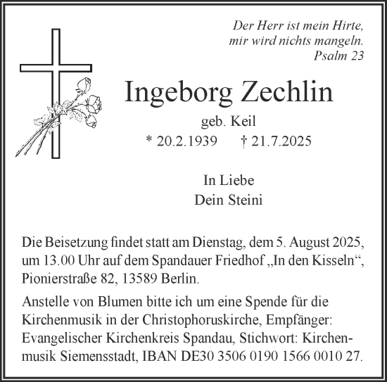 Traueranzeige von Ingeborg Zechlin 