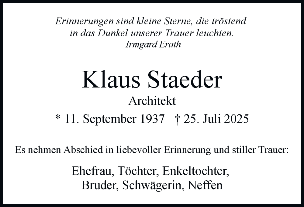  Traueranzeige für Klaus Staeder vom 09.08.2025 aus Berliner Morgenpost