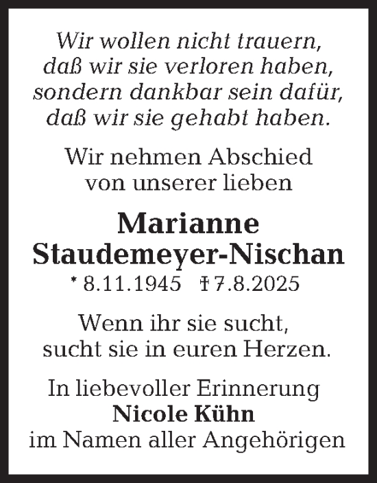 Traueranzeige von Marianne Staudemeyer-Nischan 