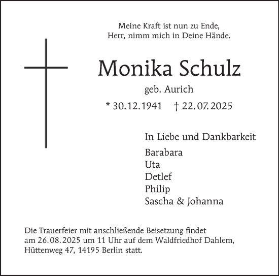 Traueranzeige von Monika Schulz von Berliner Morgenpost