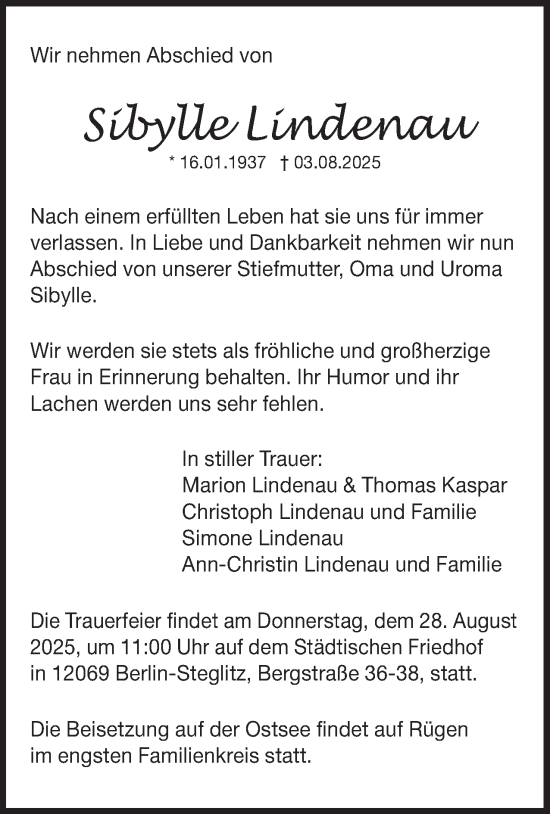 Traueranzeige von Sibylle Lindenau 