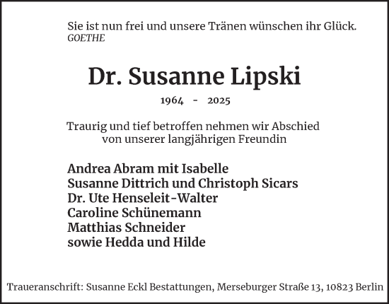 Traueranzeige von Susanne Lipski von Berliner Morgenpost