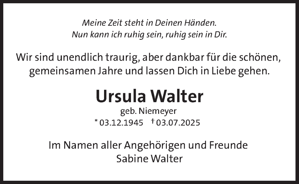  Traueranzeige für Ursula Walter vom 16.08.2025 aus 