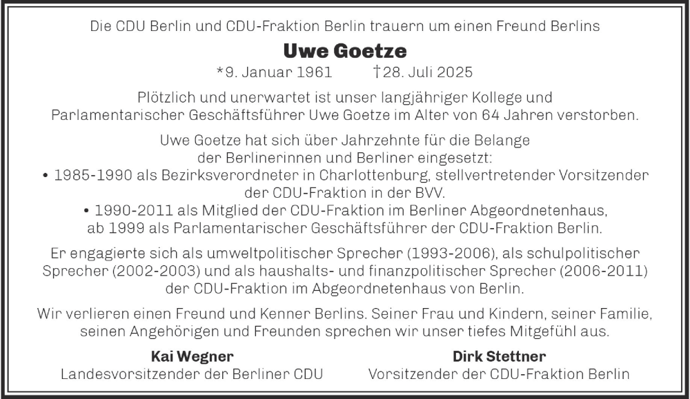  Traueranzeige für Uwe Goetze vom 09.08.2025 aus Berliner Morgenpost