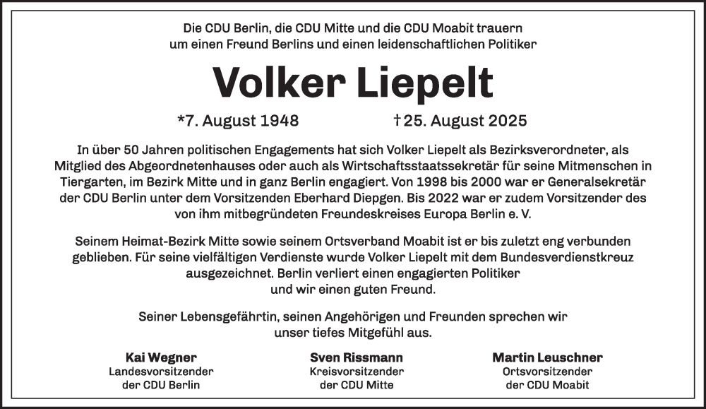  Traueranzeige für Volker Liepelt vom 29.08.2025 aus 