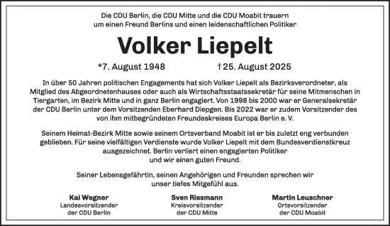 Traueranzeige von Volker Liepelt 
