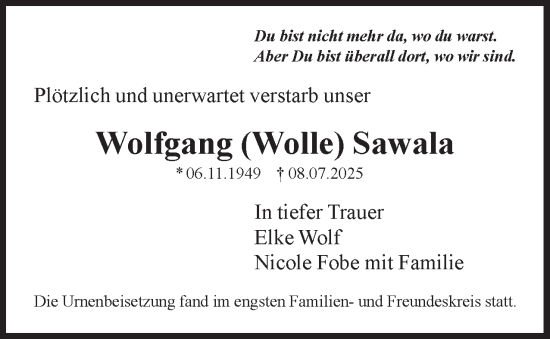 Traueranzeige von Wolfgang Sawala 