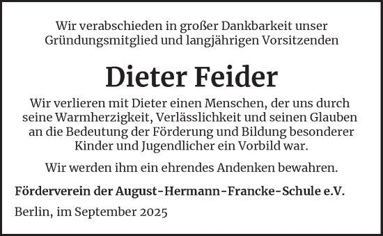 Traueranzeige von Dieter Feider 