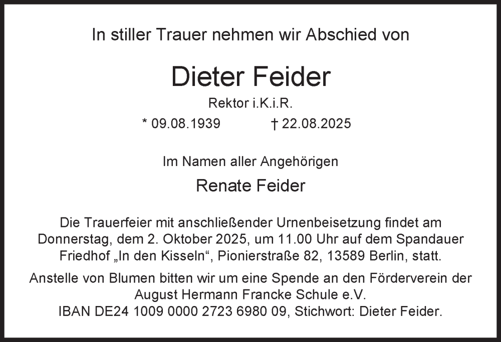  Traueranzeige für Dieter Feider vom 20.09.2025 aus 