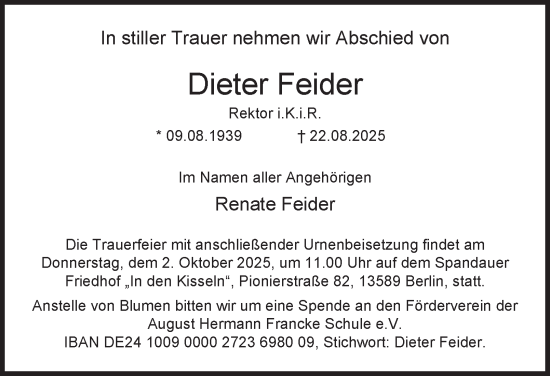 Traueranzeige von Dieter Feider 