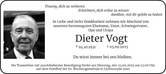 Traueranzeige von Dieter Vogt von Berliner Morgenpost