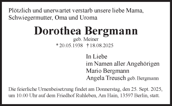 Traueranzeige von Dorothea Bergmann 