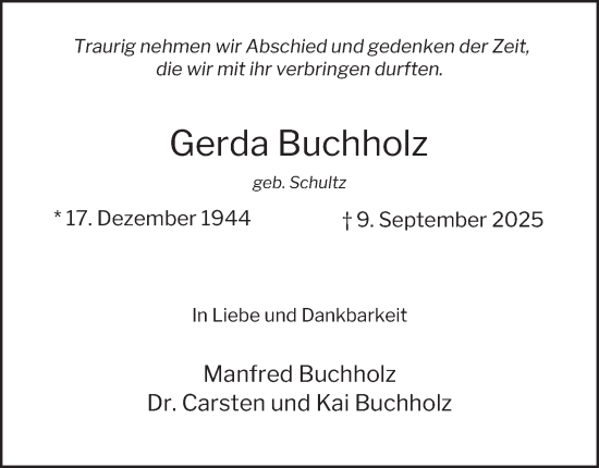 Traueranzeige von Gerda Buchholz von Berliner Morgenpost
