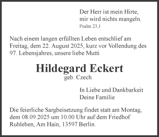 Traueranzeige von Hildegard Eckert 