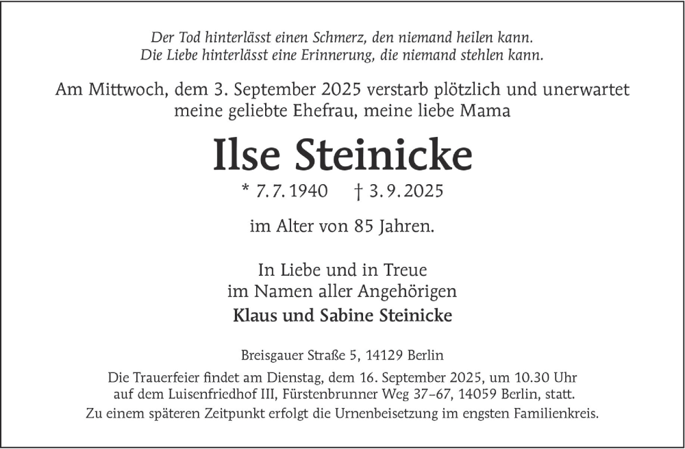  Traueranzeige für Ilse Steinicke vom 13.09.2025 aus Berliner Morgenpost