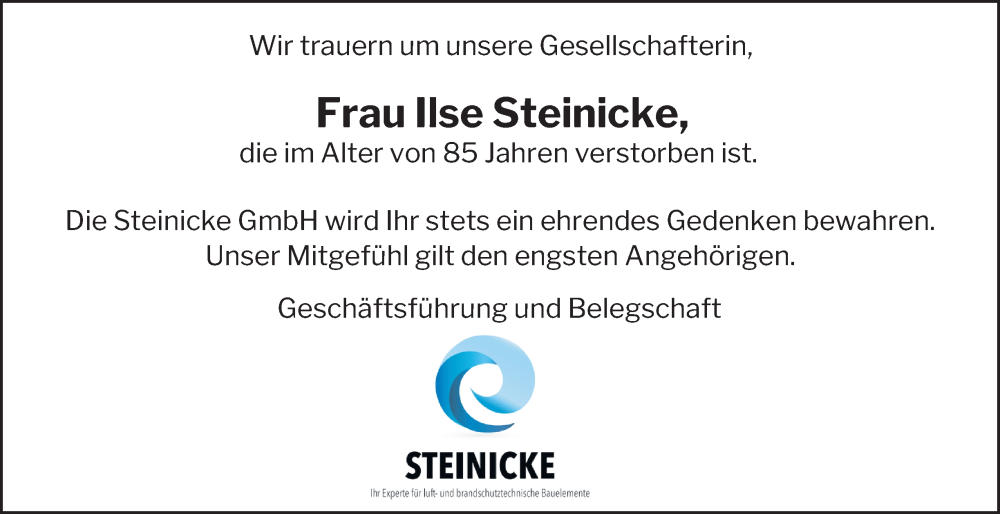  Traueranzeige für Ilse Steinicke vom 13.09.2025 aus Berliner Morgenpost