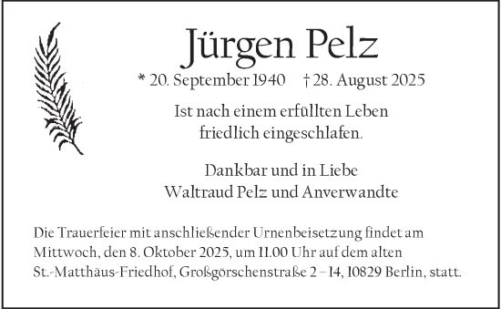 Traueranzeige von Jürgen Pelz von Berliner Morgenpost