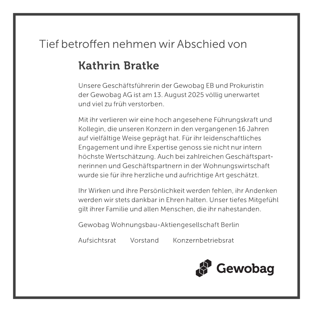  Traueranzeige für Kathrin Bratke vom 06.09.2025 aus Berliner Morgenpost