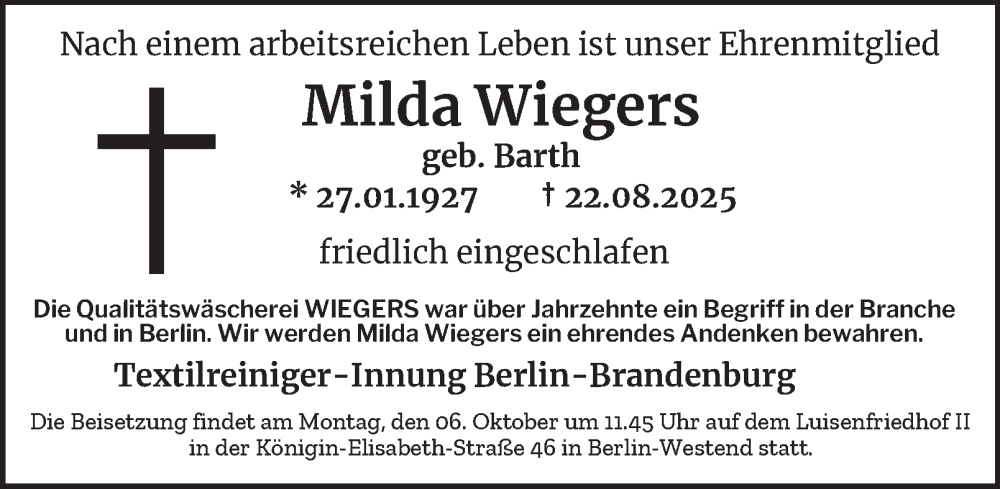  Traueranzeige für Milda Wiegers vom 20.09.2025 aus Berliner Morgenpost