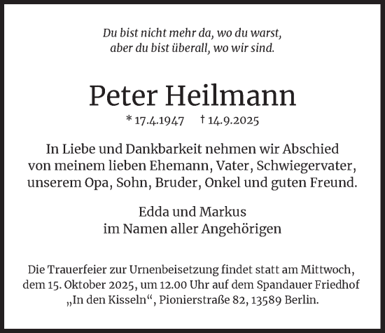 Traueranzeige von Peter Heilmann 