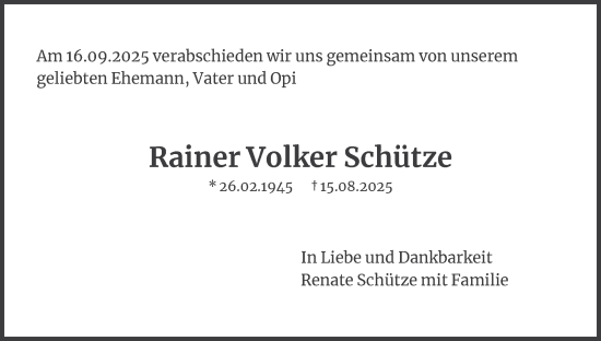Traueranzeige von Rainer Volker Schütze 