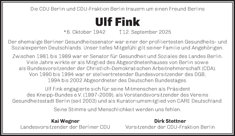  Traueranzeige für Ulf Fink vom 20.09.2025 aus Berliner Morgenpost
