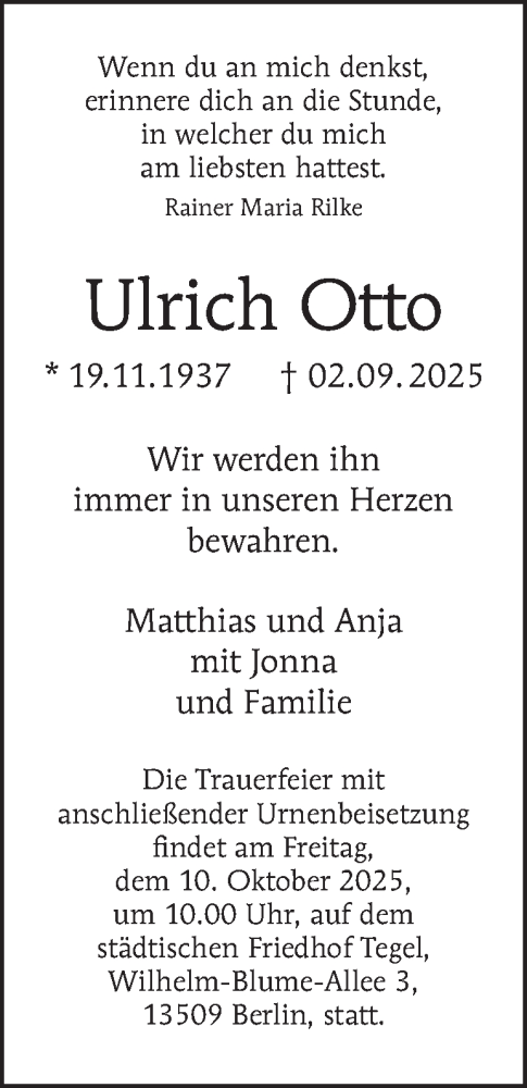  Traueranzeige für Ulrich Otto vom 13.09.2025 aus Berliner Morgenpost