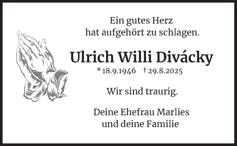  Traueranzeige für Ulrich Willi Divácky vom 20.09.2025 aus 