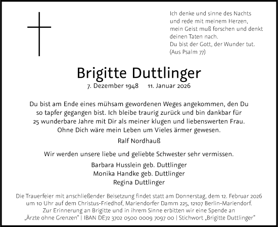 Traueranzeige von Brigitte Duttlinger von Berliner Morgenpost