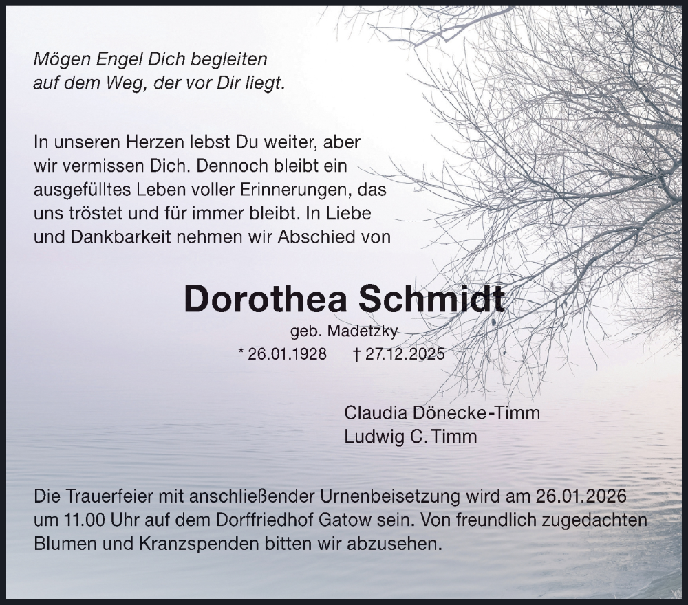  Traueranzeige für Dorothea Schmidt vom 17.01.2026 aus 